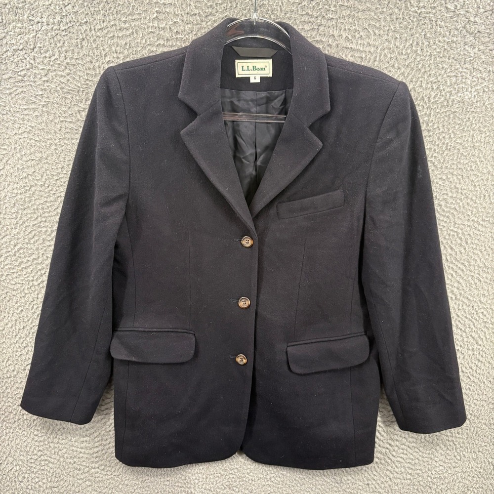 LL Bean Blazer Womens 6 Black Wool Blend Three Button Made in USA